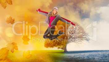 Composite image of pretty blonde posing in winter clothes
