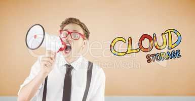 Composite image of geeky businessman shouting through megaphone