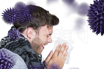 Composite image of close up side view of man blowing nose