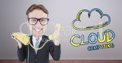 Composite image of geeky businessman holding phone Composite image of geeky businessman holding phone