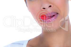 Composite image of beautiful woman licking lips while looking aw