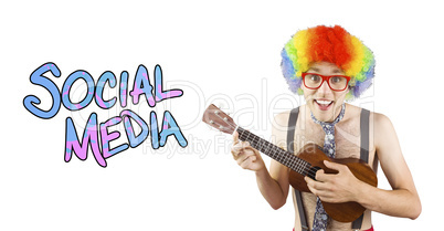 Composite image of geeky hipster in afro rainbow wig playing gui