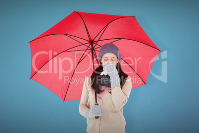 Composite image of sick brunette blowing her nose while holding