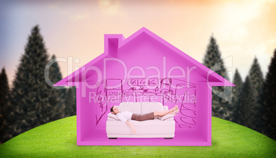 Composite image of well dressed young woman sleeping on sofa