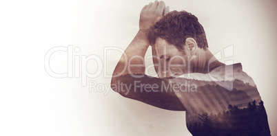 Composite image of upset man leaning on white background