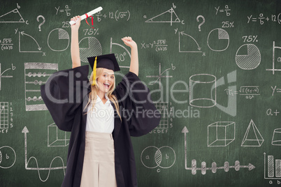 Composite image of blonde student in graduate robe holding up he