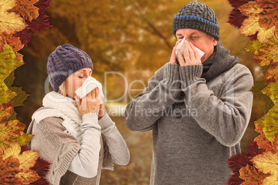 Composite image of sick mature couple blowing their noses