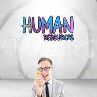 Composite image of geeky businessman talking on retro phone