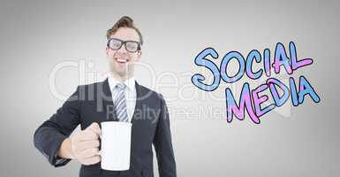 Composite image of happy geeky businessman holding coffee mug