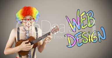 Composite image of geeky hipster in afro rainbow wig playing gui