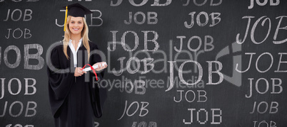 Composite image of smiling blonde student in graduate robe holdi