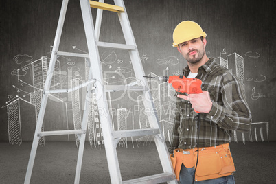 Composite image of portrait of handyman with power drill standin