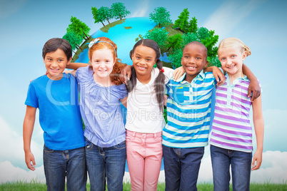 Composite image of cute pupils smiling at camera in classroom