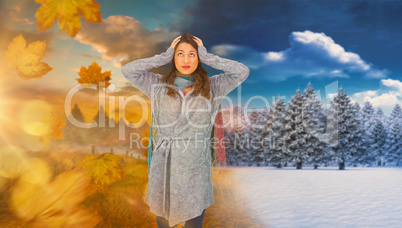 Composite image of anxious pretty brunette wearing winter clothe