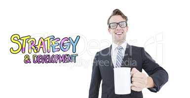 Composite image of happy geeky businessman holding coffee mug