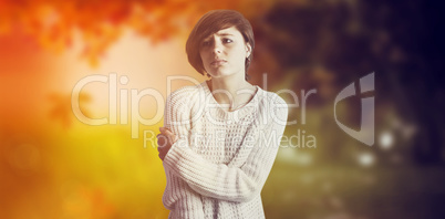 Composite image of sad pretty brunette leaning against wall