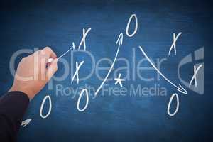 Composite image of hand of a businessman writing with a chalk