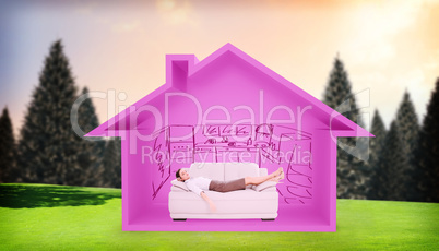 Composite image of well dressed young woman sleeping on sofa