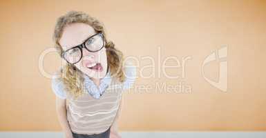 Composite image of confused geeky hipster woman