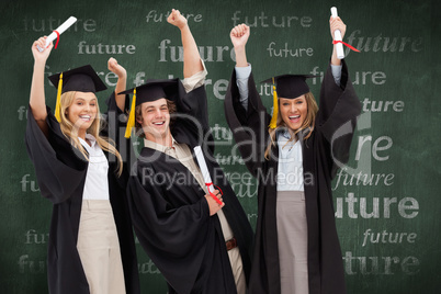 Composite image of three students in graduate robe raising their