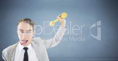 Composite image of geeky businessman being strangled by phone co