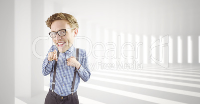 Composite image of geeky businessman pointing