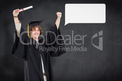 Composite image of male student in graduate robe raising his arm