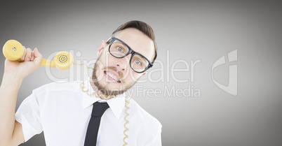 Composite image of geeky businessman being strangled by phone co