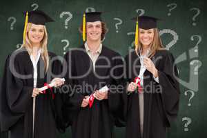 Composite image of three students in graduate robe holding a dip