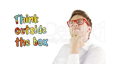 Composite image of young geeky businessman with hand on chin