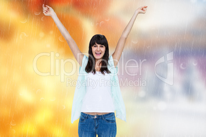 Composite image of excited woman with hands raised on white back
