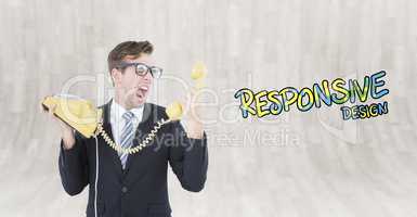 Composite image of geeky businessman shouting at telephone
