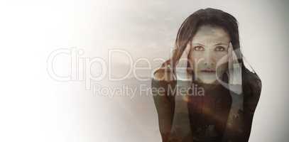 Composite image of portrait of upset woman with headache