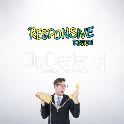 Composite image of geeky businessman shouting at telephone