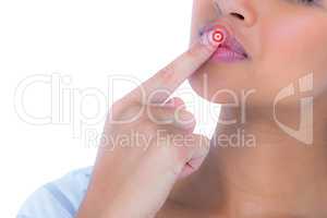 Composite image of portrait of beautiful woman with finger on li