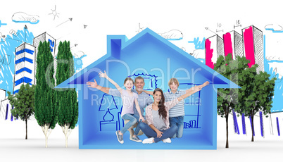 Composite image of happy family with arms outstretched over whit