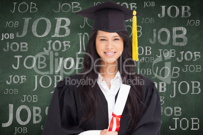 Composite image of a smiling woman looking at the camera while d