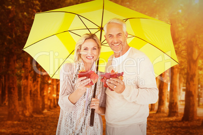 Composite image of portrait of happy couple under yellow umbrell