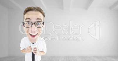 Composite image of geeky businessman with mug