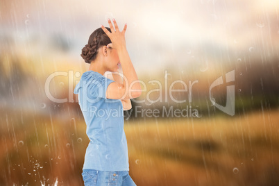 Composite image of annoyed brunette gesturing