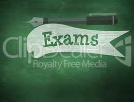 Exams against green chalkboard