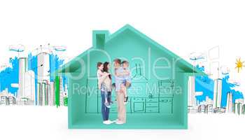 Composite image of side view of parents giving piggyback ride to