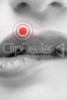 Composite image of close up of woman biting red lips