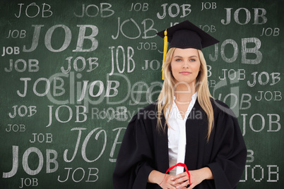 Composite image of blonde student in graduate robe