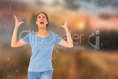 Composite image of annoyed brunette gesturing