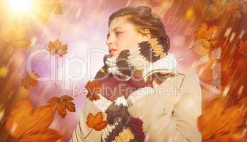 Composite image of thoughtful woman in winter clothes
