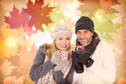 Composite image of portrait of couple drinking hot coffee