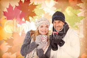 Composite image of portrait of couple drinking hot coffee