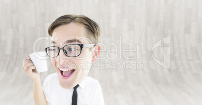 Composite image of geeky businessman holding mug