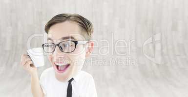 Composite image of geeky businessman holding mug